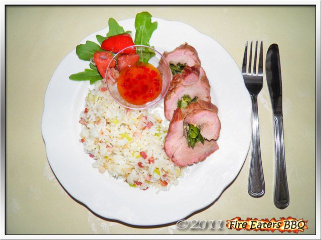 Bild - Schweinefilet mit Lauchzwiebeln „Asia Style“ mit rauchigem Bratreis und selbstgemachter Sweet-Chili-Sauce