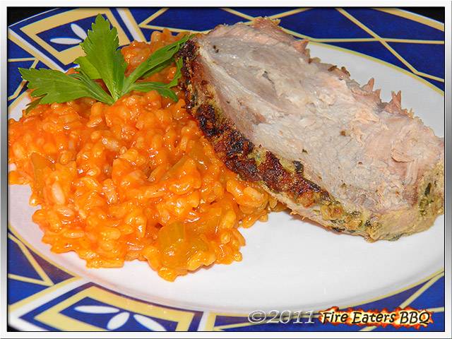 Schweinenacken mit Kräuterkruste an Tomaten-Sellerie-Risotto